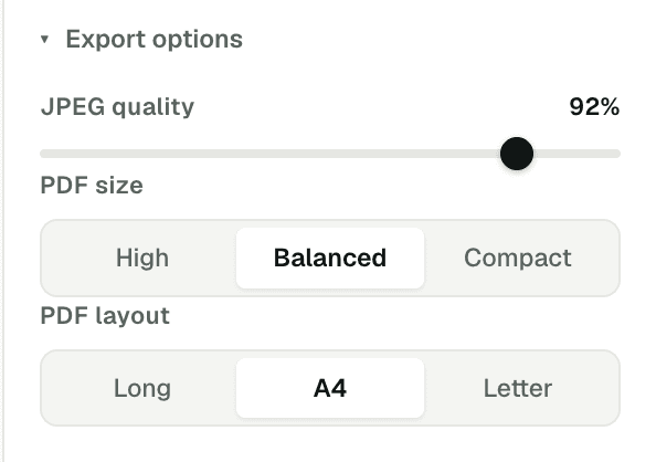 Export options: JPEG quality at 92 percent, PDF size set to Balanced, and PDF layout set to A4.