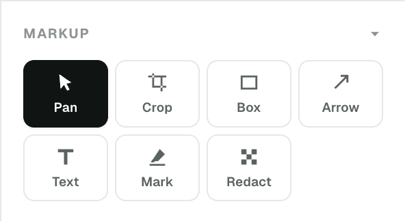 The markup toolbar: Pan, Crop, Box, Arrow, Text, Mark and Redact.